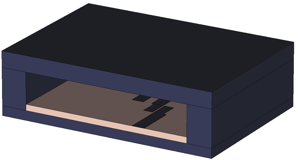 Chapter 2. Gap Waveguide Packaging for Microstrip Filters q = 3.9 mm Figure 2.5: Smooth metal box as packaging. Thereby, the separation between the absorber and the substrate becomes 2.9 mm. The S parameters for the previously explained conditions of packaging were calculated and compared.
