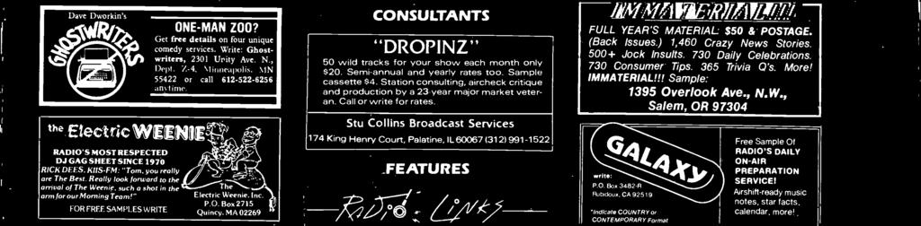Stu Collins Brodcst Services 174 King Henry Court, Pltine, IL 60067 (312)991-1522 FEATURES Hollywood's hottest. right in your own studio!