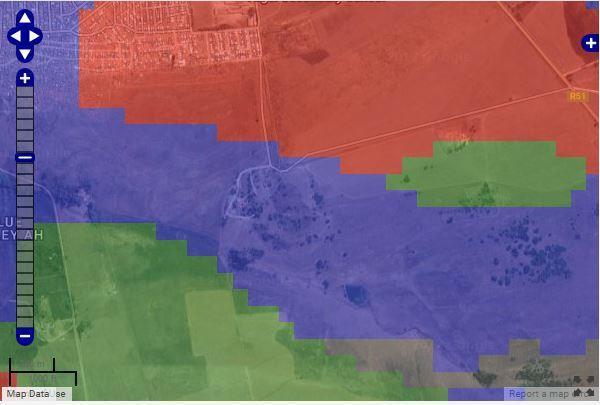 Figure 8: Aerial view of the study area extracted from the SAHRIS Palaeosensitivity Map and indicating the site (red arrow) to be of low sensitivity (blue shading). 6.4.