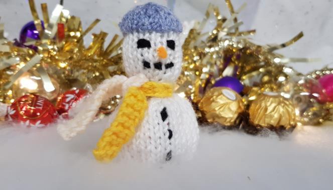 Knit a Pud Help St Clare by making a knitted Snowman to fit over a Ferrero Rocher or a Lindt truffle.