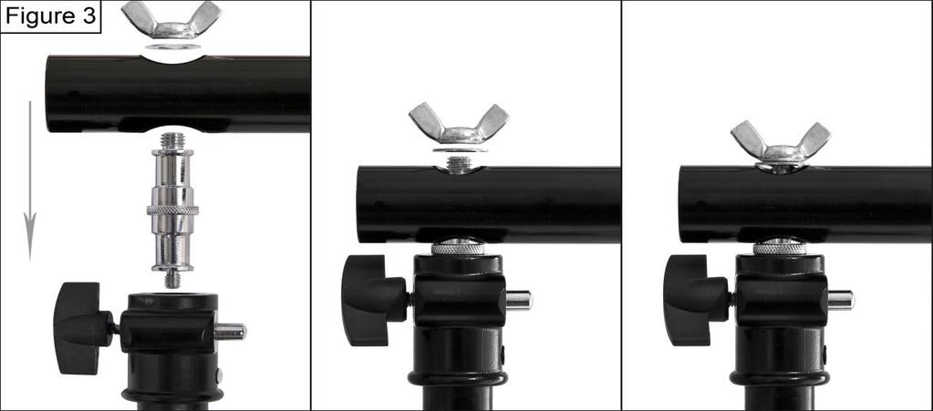 3. Attaching crossbars to the tripods: Each one of the tripods has a reversible adapter on the top with a washer and a wing nut already attached.