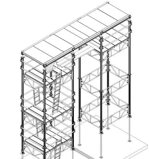 Tower Assembly Fig. 24.1 We recommend to mount the platforms after the towers are standing in a stable position. They can be attached at each of the bars of the MEP frames.