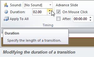 Transitions Hiệu chỉnh thời gian của hiệu ứng: Chọn slide chứa transition cần hiệu chỉnh.