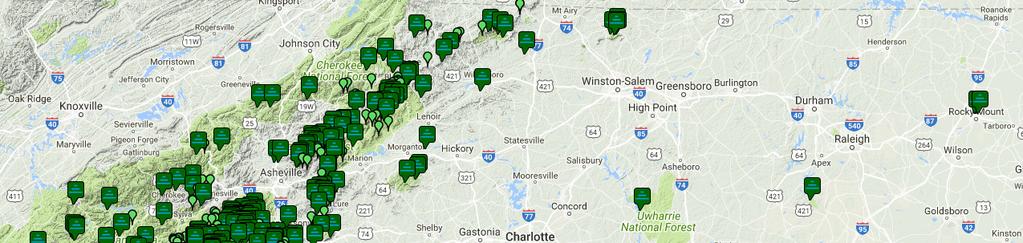 Although you don t find many around the triangle Map from: https://www.wncwaterfalls.info/map.
