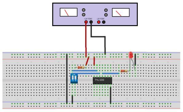Using the multimeter, the gate input and output were measured to verify the NAND gate truth table, and a table of the input and output voltages for the 4 possible input cases were made.