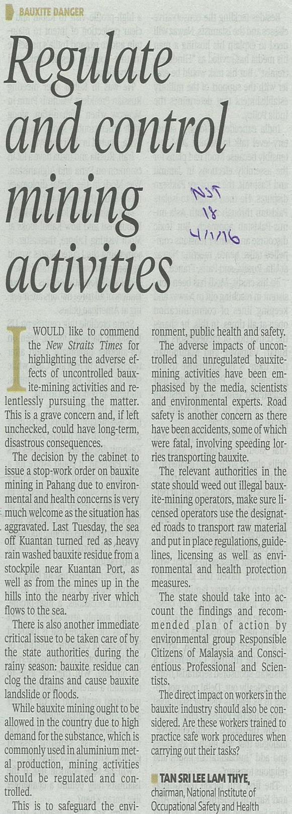 Headline : Regulate and control mining activities