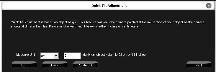 You can choose between 3 types of settings to select the appropriate camera inclination, depending on your product s height and shape. No tilt adjustment: Ideal for items less than 5 cm high.