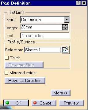 Creating Pads A pad is a sketched-based feature that adds material to a model. 1 Use the following steps to create a pad feature: 1. Select the profile sketch. 2. Click the Pad icon. 3.