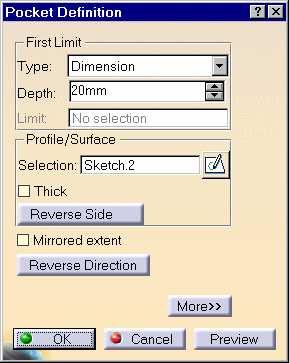 Creating a Simple Pocket A pocket is a sketched-based feature that removes material from a model. Use the following steps to create a pocket feature: 1. Select the profile sketch. 2.