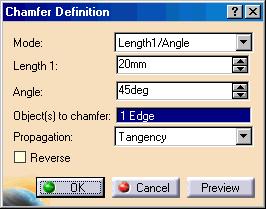 Creating a Chamfer Use the following steps to create a chamfer: 1. Select the edge(s) to chamfer. 2. Click the Chamfer icon. 3.