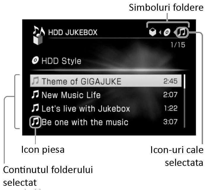 Ajustarea sunetului - EQ/M.BASS Modul de afişare tip listă Acest mod afişează conţinutul folderului selectat. Imaginea exemplu de mai jos ilustrează conţinutul folderului cu piese audio.