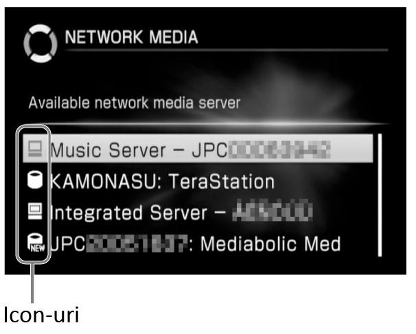 Icon Ascultarea muzicii Ca exemplu de utilizare a funcţiei NETWORK MEDIA, această secţiune explică modul de operare a echipamentului atunci când acesta este conectat la un server care suportă