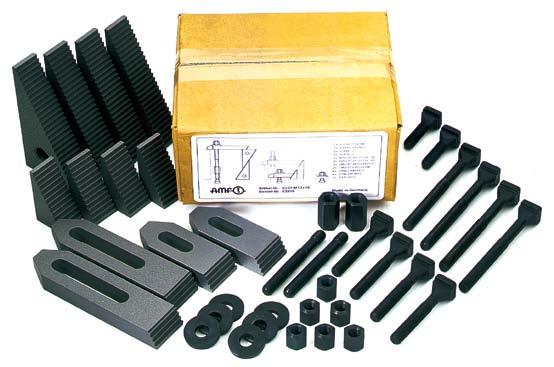 Boxed set of assorted clamping elements No. 6520 T-bolt set In a sturdy and high-quality wooden box with removable folding lid. All parts tempered, strength class 8 or 10. Slot DIN 787 Pcs.