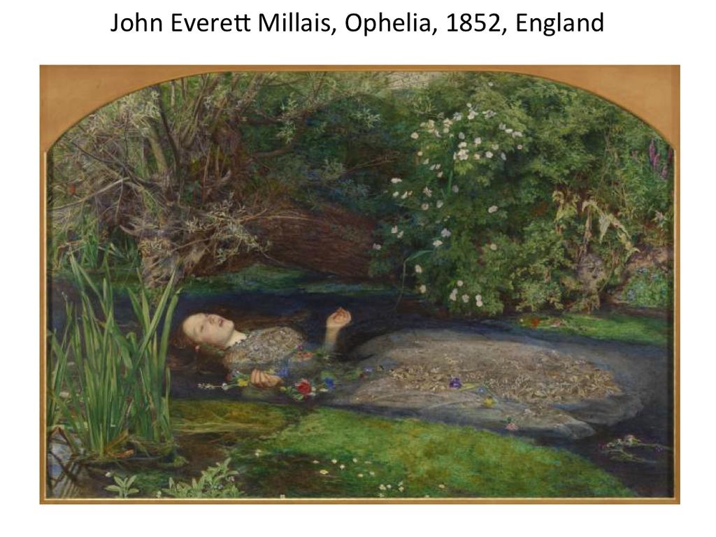 The scene depicted is from Shakespeare's Hamlet, Act IV, Scene vii, in which Ophelia, driven out of her mind when her father is murdered by her lover Hamlet, drowns herself in a stream: Her clothes