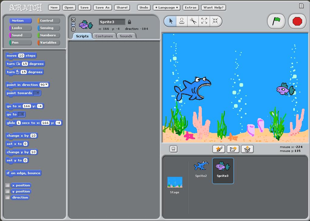 Lesson 4 Shark Attack Game The Stage and Sprites Select a suitable background for the stage (underwater would be a good idea).