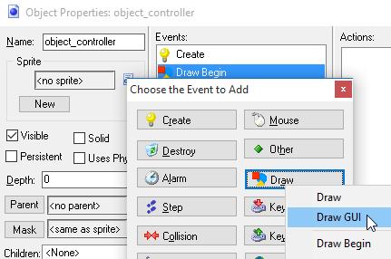 Go back to the controller object and add a Draw GUI event Add a Set