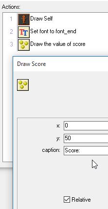 Then Draw Score at 0, 50 Relative. The sprite will be drawn wherever we place the object.