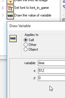(So when we place the text in the center of the screen it expands in both directions equally) Finally, add a Draw Variable (from control tab) Specify to draw the value of time at 512, 0 (center of