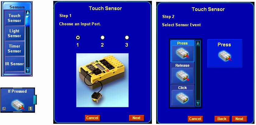 Touch Sensor The sensor of touch will be used to cause the Roverbot to back away when it finds an obstacle. - Open a new project and use the Roverbot with the configuration Single Bumper.