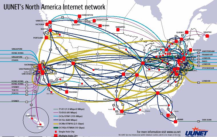 40 Chapter 3. Applications, Opportunities, and Challenges Figure 3.4. UUNET network backbone for North America. Figure courtesy WorldCom.