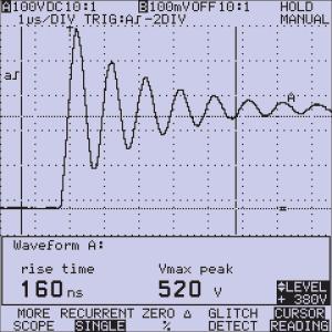 The signals in figures 3E and 3F were captured by triggering on a single pulse using single shot mode with cursors enabled to make the peak voltage measurement along with rise time.