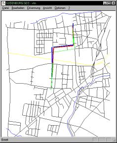 Figure 2: Screenshot of the system with a visualisation of a map and a route produced after matching the positions of the objects extracted with GIS data and relating it to previous interactions (e.g., whether a route was selected).