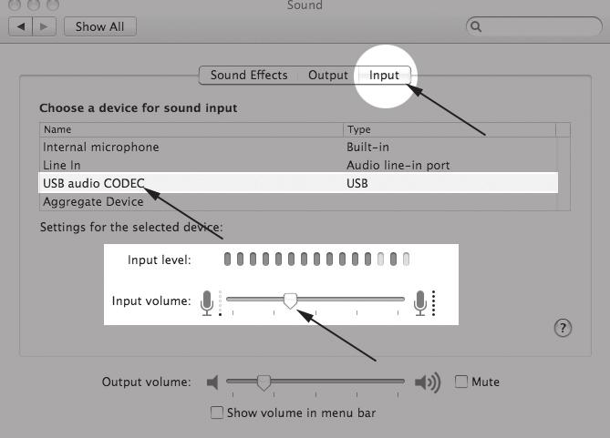 Next click on the Input tab and select the device named USB Audio CODEC. You can adjust the microphone volume by moving the Input Volume fader. Your computer is now setup to use the MXL uchat.
