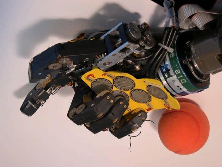 Figure 2 Elastic shape adaptation. Figure 1 The robotic setup the Babybot. Figure 3 Mechanical coupling of the fingertips. springs.