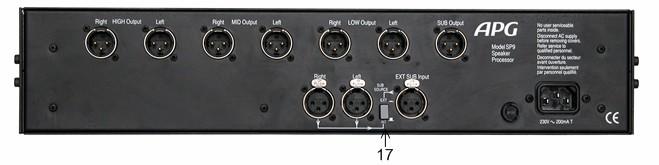 DESCRIPTION OF CONTROLS REAR PANEL 17) External/Internal: This switch is used to select the source for the SUB channel. When depressed, the source is the XLR receptacle located next to it.