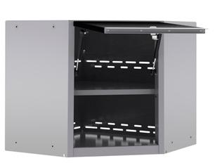 The includes a small parts shelving in 1" increments storage bins and tools.