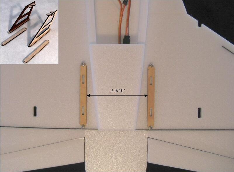 This photo shows the EDF mounting rails attached to the top of the plane. The spacing is 3 9/16 as shown.