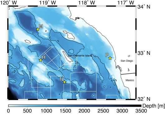 Figure 1. SOCAL Range Complex with acoustic recorder site locations and bathymetric map.