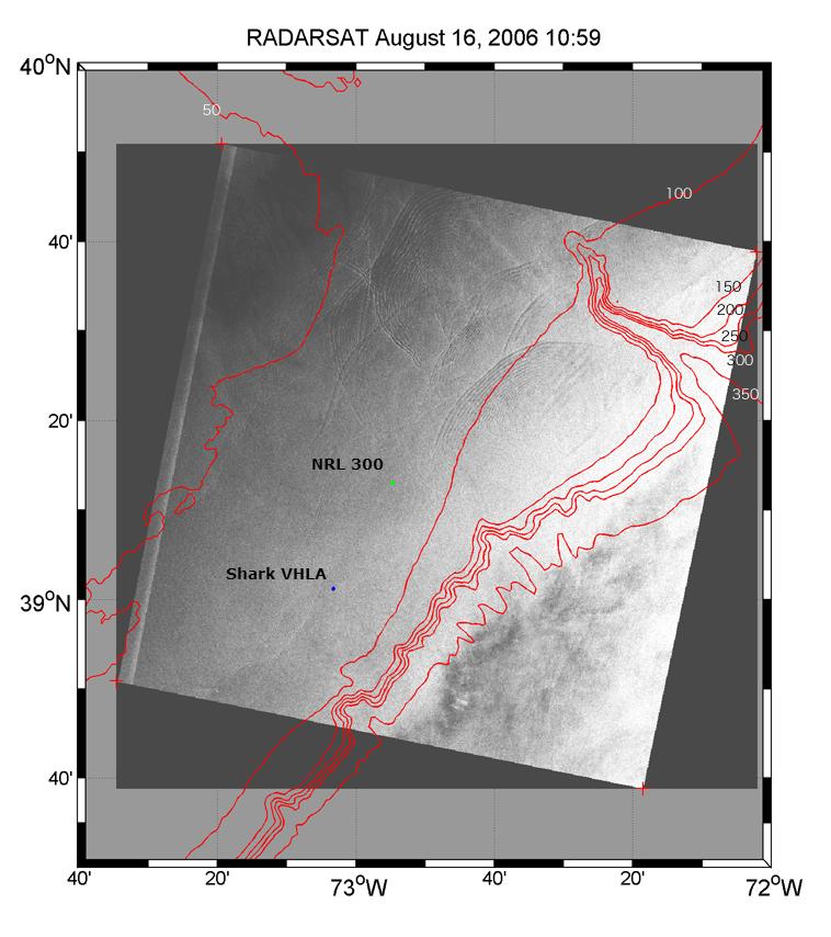 Figure 3.3: Image of SW06 experiment site taken by the Canadian RADARSAT satellite on 16 August, 2006. Bathymetric contours are overlaid and the positions of Shark VHLA and NRL300 sources are shown.