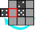 An edge tile can also move around and jump between faces, but will always end up in one of the 8 edge locations. Note how each edge tile always has an even number of pips.