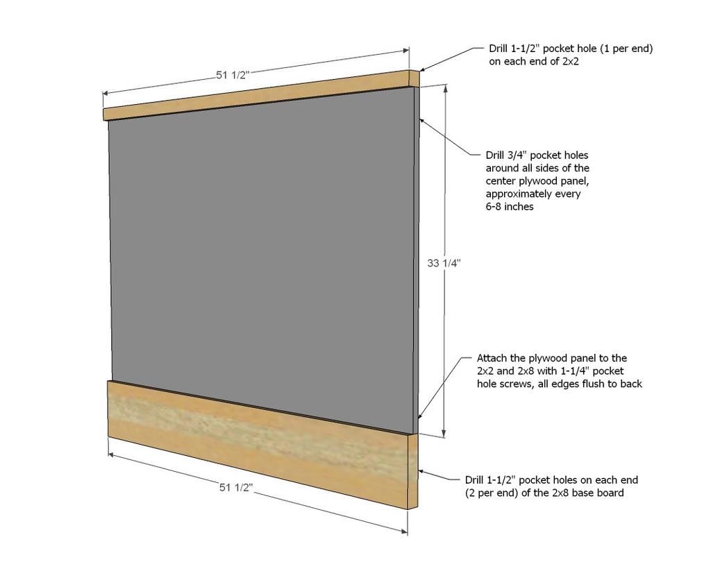[16] Now for the headboard panel. First, drill 3/4" pocket holes around all sides of the panel, about every 6-8 inches.