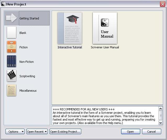 Creating Your Scrivener Project In Scrivener, click File and then click New Project.