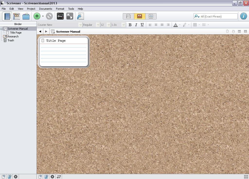 The cork board view is Scrivener s signature view. Each document you add to your project binder is shown as an index card on your cork board.