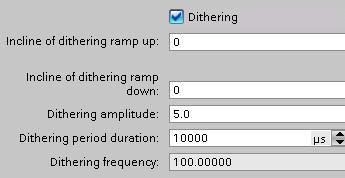 Set the output format to 1/100 ("Per 100") and the period duration to 100 µs. This value corresponds to a maximum PWM frequency of 10 khz. 7. Enable the dithering function.
