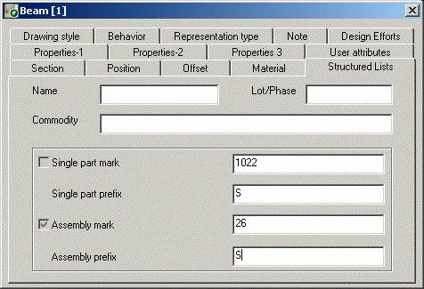 Checking the results Example: Display the single part number/assembly number of an object: Select the required Advance structural part by clicking on it. Open the dialog-box.