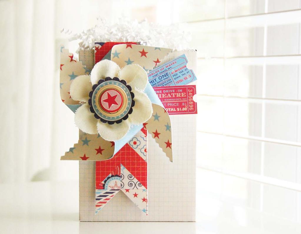 Patriotic Gift Bag by Roree Rumph Block Party Firecracker Bomb Pop Pinwheel London Market: Spool Buttons Mistables: Scallop Ribbon buttons & thread COOL TIP STACK OUR ELEMENT STICKERS TO CREATE A