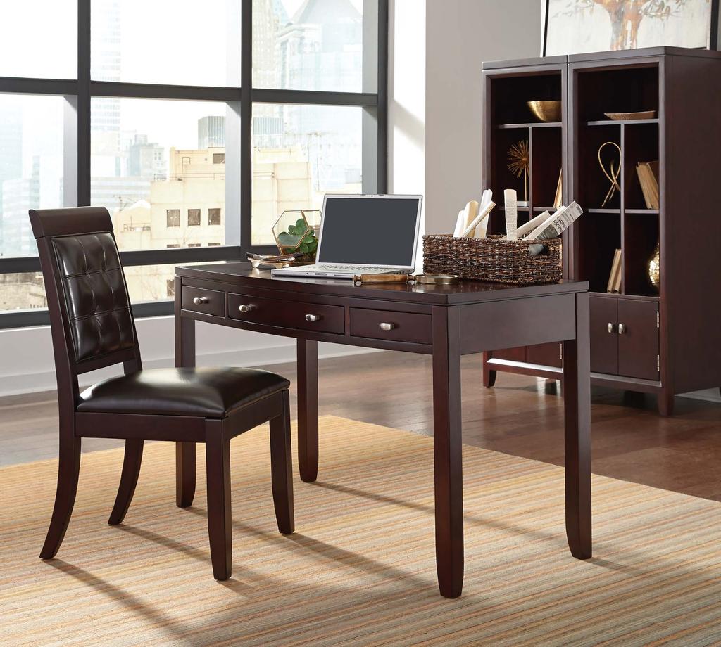 Right: 912-622 Leather Side Chair W20 D24 H39 Seat height: 20¼, Seat septh: 18½ Upholstered seat and back Color: dark brown leather 912-588 Desk W51 D24 H31 Three drawers 912-580 Wall Unit (2 shown