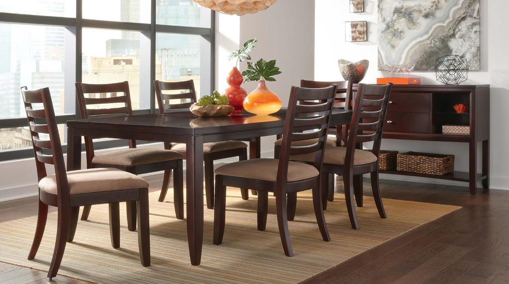 912-636 Splat Side Chair W20 D23 H39 Seat Height: 20¼ Upholstered seat, wood back 912-760N Leg Table W64 D44 H30 1-18 inch leaf, table extends to 82 inches
