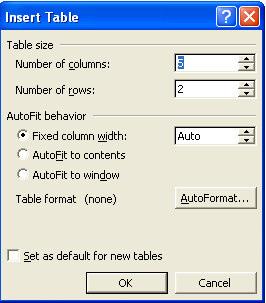 Crearea unui tabel cu ajutorul meniului se realizeaz astfel: se poziioneaz cursorul de editare în locul unde se introduce tabelul; în meniul Table se execut clic pe Insert Table, care deschide