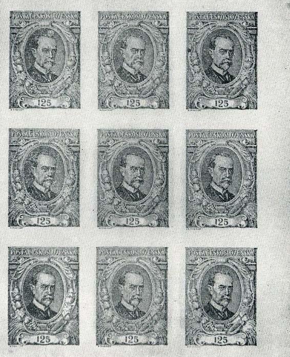 Figure 251. Edge block of nine imperforate stamps. Notice the perceptible differences in their horizontal and vertical spacing.