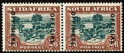 1930-47 1s brown and deep blue, rotogravure SUIDAFRIKA one word, type O2 opt, with 21mm space, horizontal pair, fine o.g. P15613293 70 1930 (OFFICIAL) SG O18 Official.