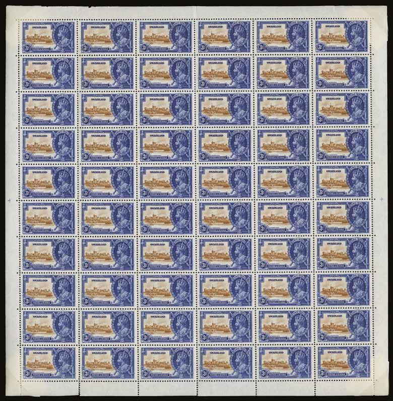 1935 (UNUSED) SG 23 Silver Jubilee 3d brown and deep blue, complete folded sheet of 60 (6x10) from vignette plate 4, showing diagnostic flaw on 4/3 (dash by orb), unmounted o.g. Fractionally yellowish gum and slight separation at foot, still fine appearance.