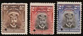 Southern Rhodesia 1924 (PROOF) SG 1,4 ½d brown, 2d black and carmine, 2d black and blue, each perf 12½ on ungummed paper, printer s samples with type WS6 WATERLOW & SONS