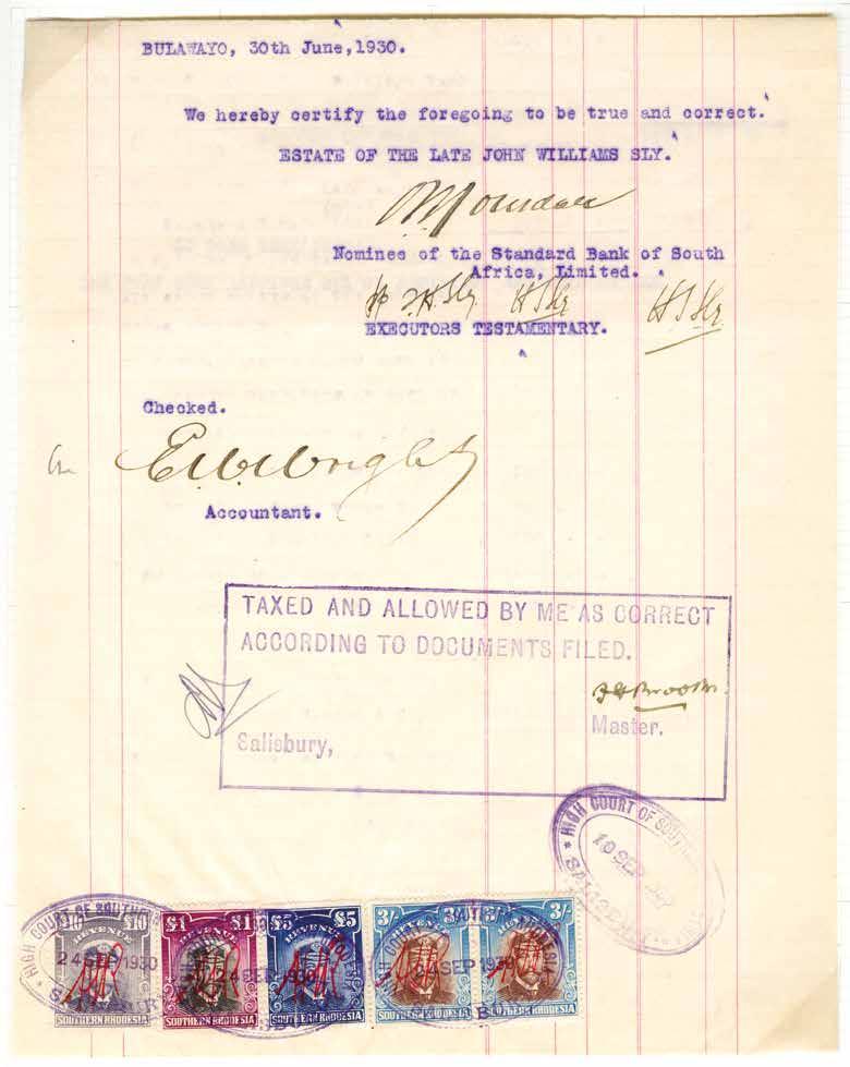 1930 (REVENUE) (24 SEP) typewritten page from an Inventory of Deceased Estate, bearing 1924 3s blue and brown (horizontal pair), 1 purple and black, 5 blue and 10 lilac, tied by three strikes of HIGH