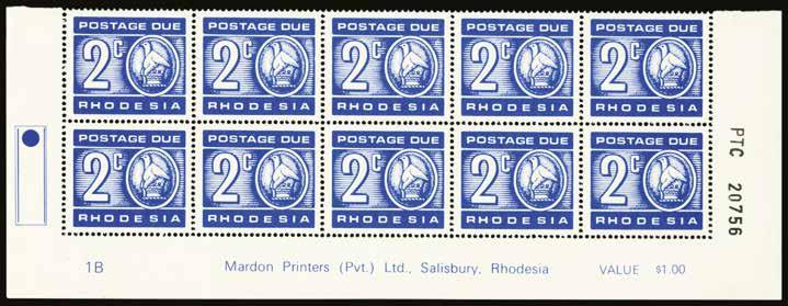 P05609213 425 Rhodesia 1970 (POSTAGE DUE) SG D19a 1970-73 2c ultramarine, upper marginal, error printed on the gummed