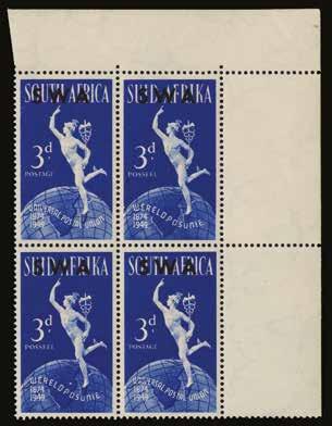 1949 (UNUSED) SG 140b UPU 3d bright blue, upper right corner block of 4, lower